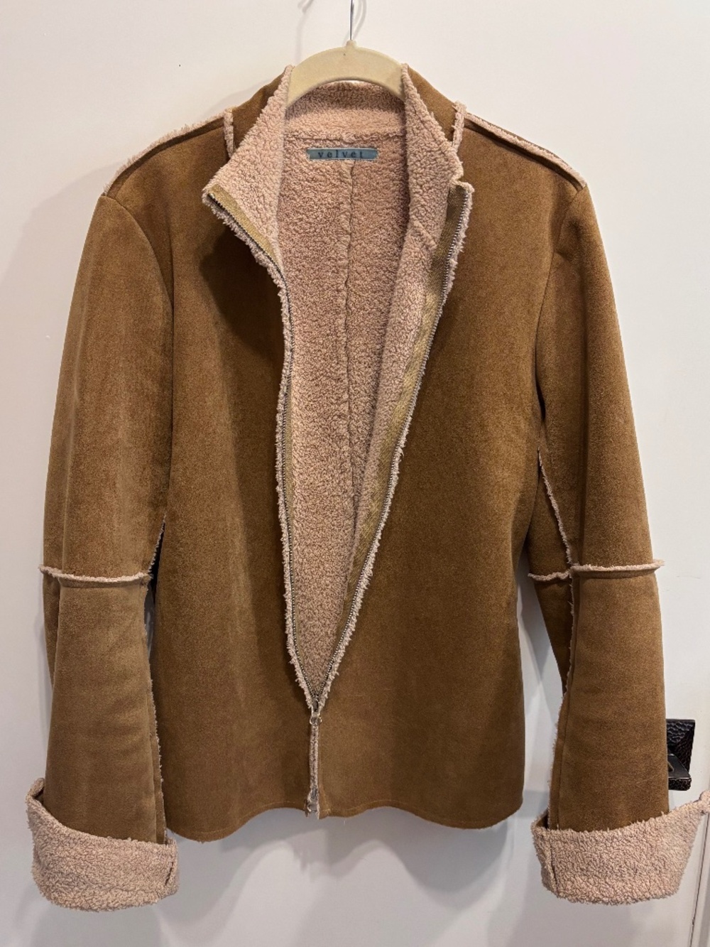 Velvet tan faux shearling jacket-Size Small